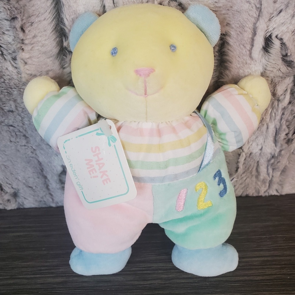 TAGS Vintage-7" Eden TEDDY BEAR Soft Plush Pastel Stuffed Baby Rattle Toy 123
